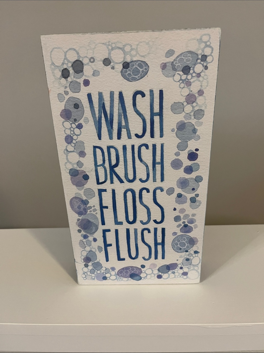Blue 'Wash Brush Floss Flush' wooden Bathroom Sign 11x6x1.5 inches
